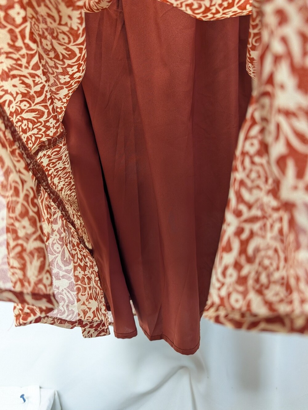 Doe & Rae Rust Floral Print Ruffle Neck Tie Long Sleeve Mini Dress S NWT - Picture 8 of 10